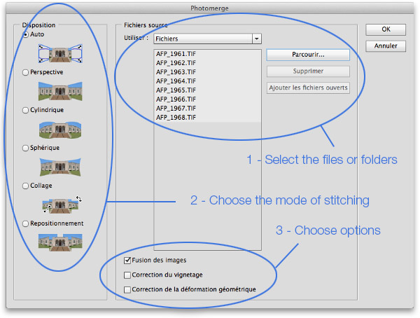 Interface du logiciel Photomerge de Photoshop